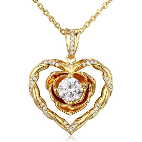 Elegant 18K Gold-Plated Sterling Silver Rose Heart Necklace with Cubic Zirconia